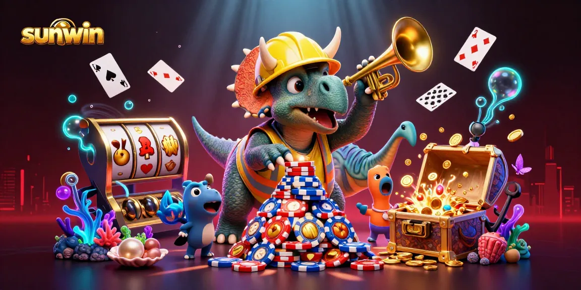 Experience sunwin's vibrant casino scene filled with playful characters and dynamic gaming elements.