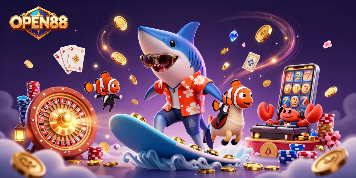 Experience the thrill of OPEN88 with a vibrant 3D casino scene featuring a shark, clownfish, and crab.
