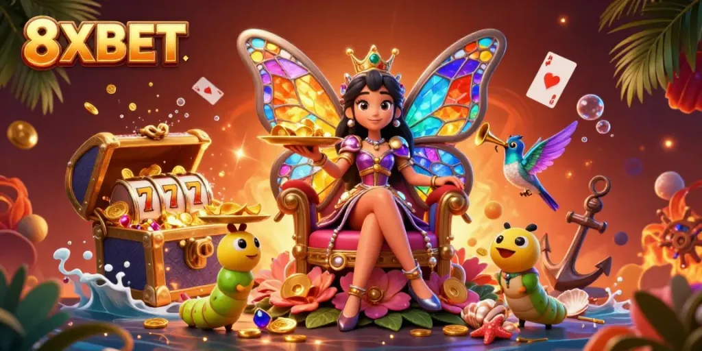 Experience winnings with 8XBET's vibrant butterfly queen and casino elements in a lively, colorful scene.