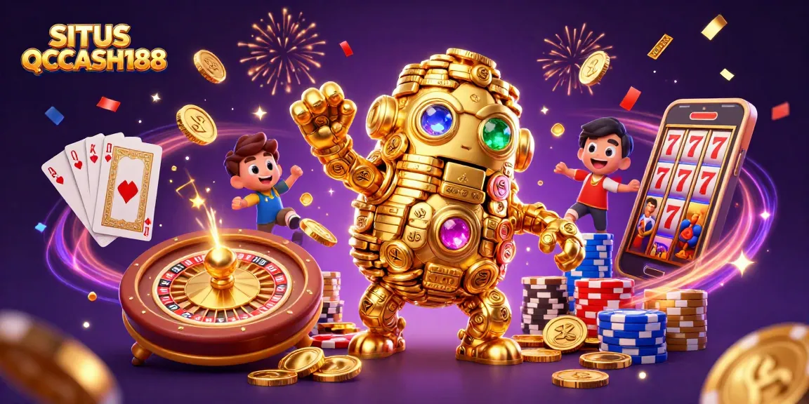 Experience winning moments at SITUS QQCASH188 with a vibrant casino scene filled with golden coins and excitement.