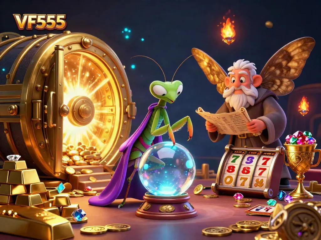 Engage luck at VF555 with vibrant casino elements featuring a fortune teller and golden treasures.