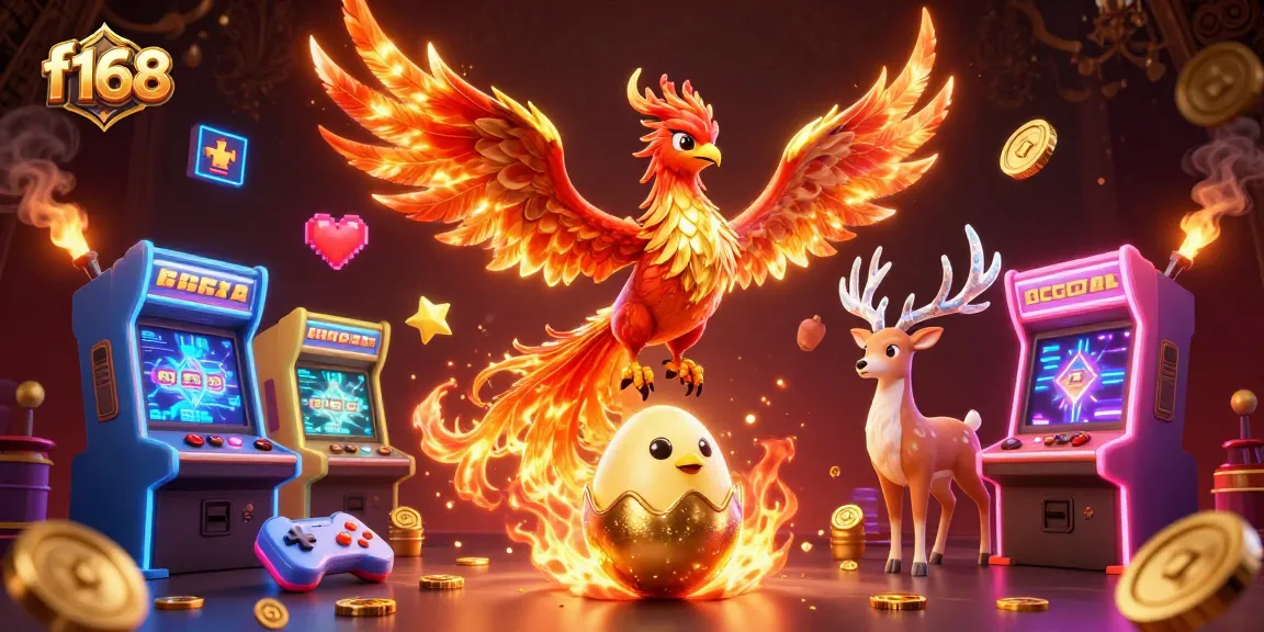 Experience thrilling wins at f168 with vibrant 3D phoenix and engaging game elements in an immersive casino scene.