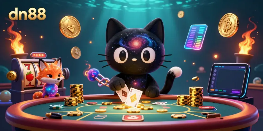 Experience the excitement of dn88 with a black hole cat and colorful fox at a vibrant cosmic casino.
