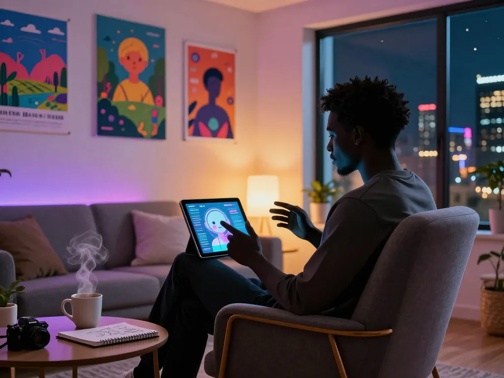 Engaging free ai sex chat scene with a user interacting with a futuristic AI avatar in a cozy digital lounge.