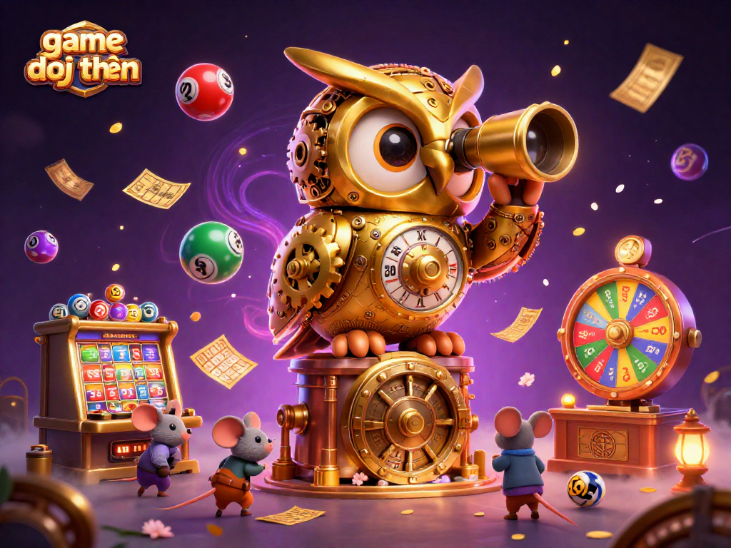 Engage in exciting game đổi thưởng with a whimsical casino scene featuring a golden owl and vibrant lottery elements.