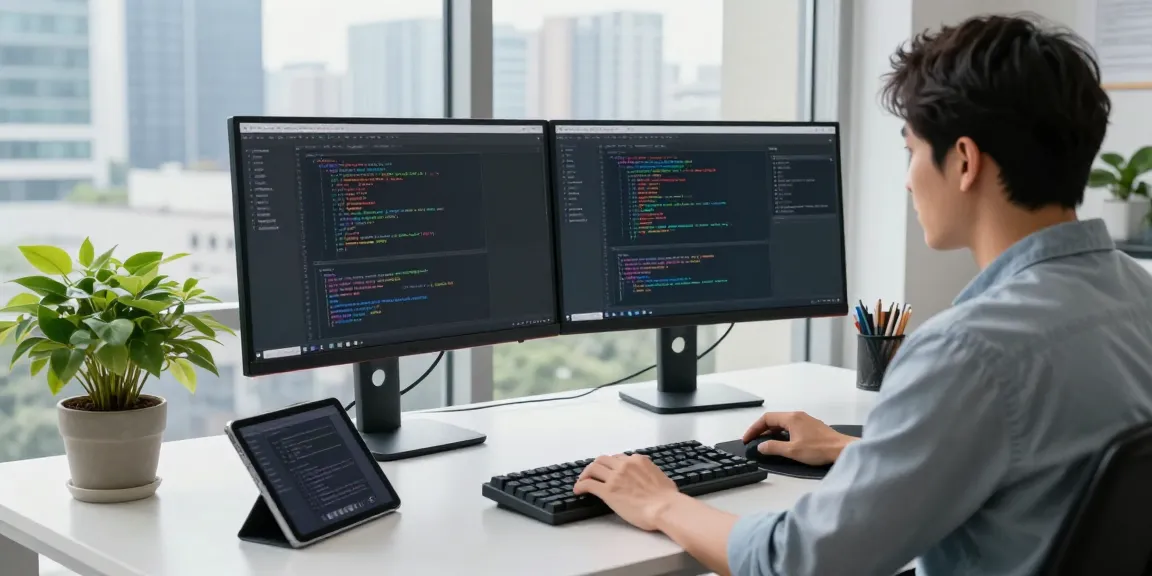 快连 VPN developer working at dual monitors in a modern office.
