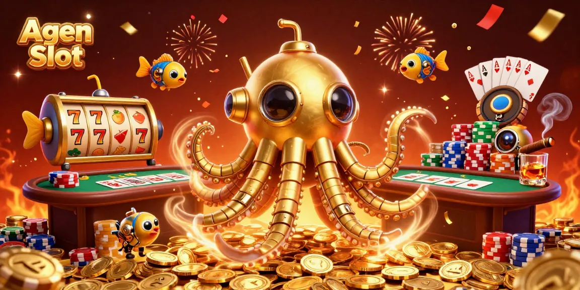 Agen Slot showcases exciting 3D casino action with golden kraken and poker elements amidst celebrations.