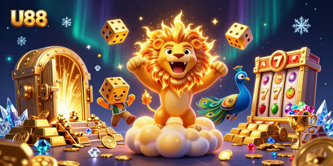 Experience U88's thrilling slot adventures with roaring characters in a vibrant casino scene.