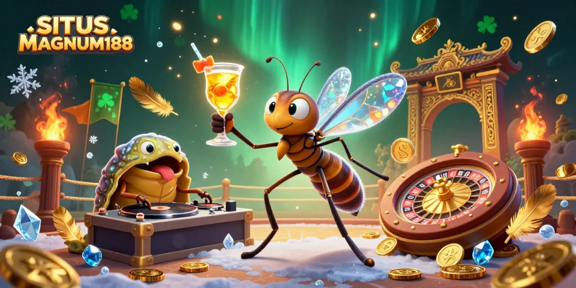 SITUS MAGNUM188 showcases a lively casino scene with a frozen mosquito mascot and a trilobite DJ.