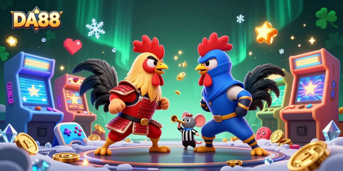 Engage with DA88 in an electrifying rooster duel amidst vibrant casino elements.