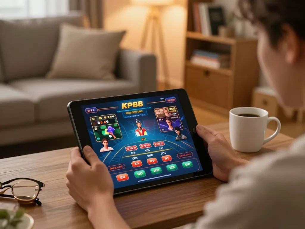 Player engaging with KP88 com online casino games on tablet in cozy home setting.
