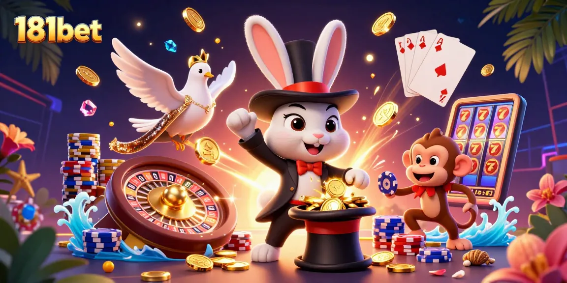 Experience thrilling wins with 181bet, as a magician rabbit conjures coins and fun gaming elements in a vibrant casino scene.
