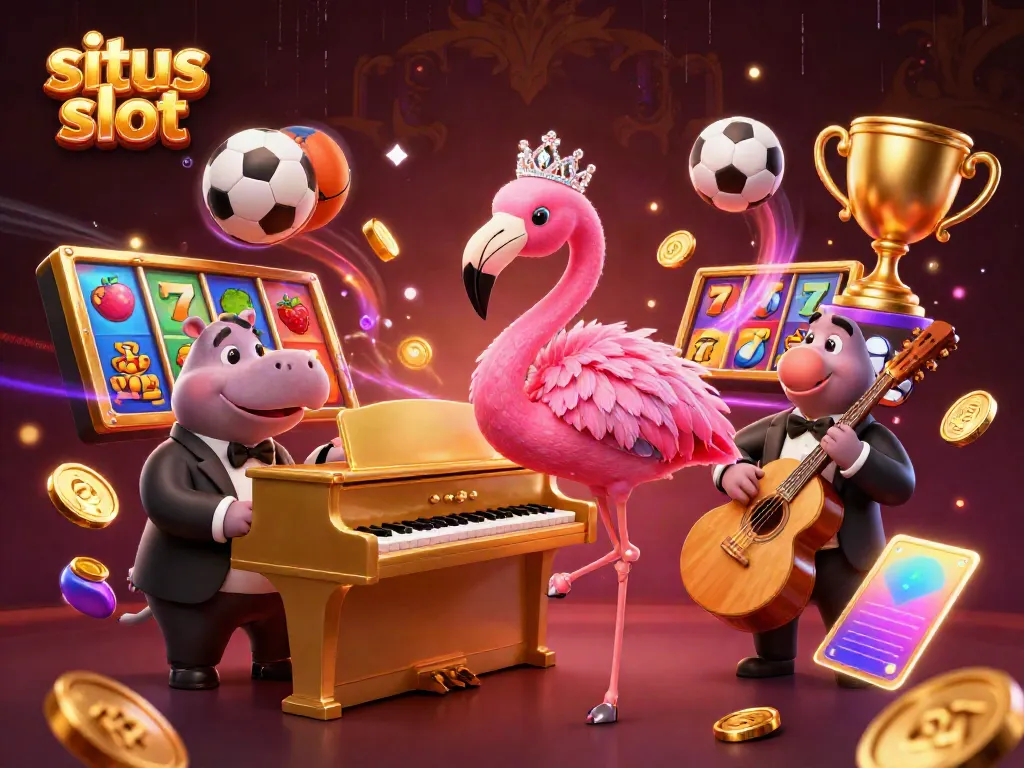 Engage in situs slot adventures with a flamboyant flamingo singer and a hippo bassist amidst dynamic gaming elements.