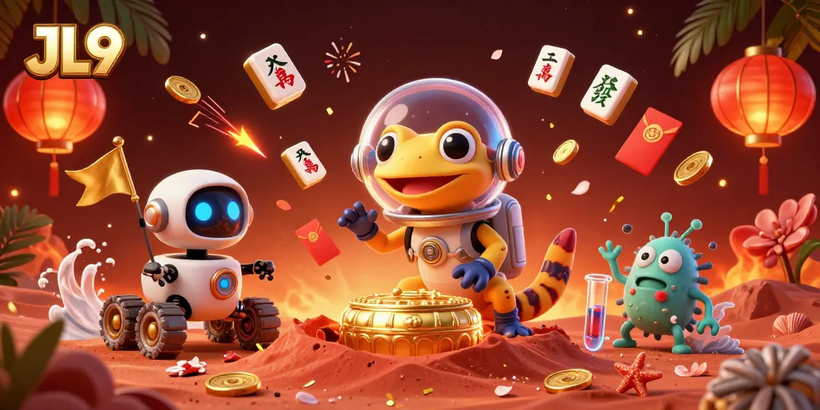 Engage in thrilling gameplay with JL9 in a vibrant casino scene featuring a Martian gecko discovering riches.