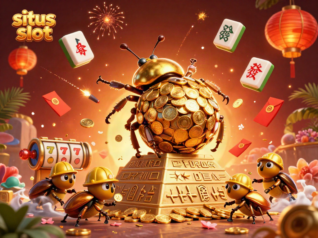 Engage with situs slot visuals featuring golden beetles and dynamic casino elements in an exciting illustration
