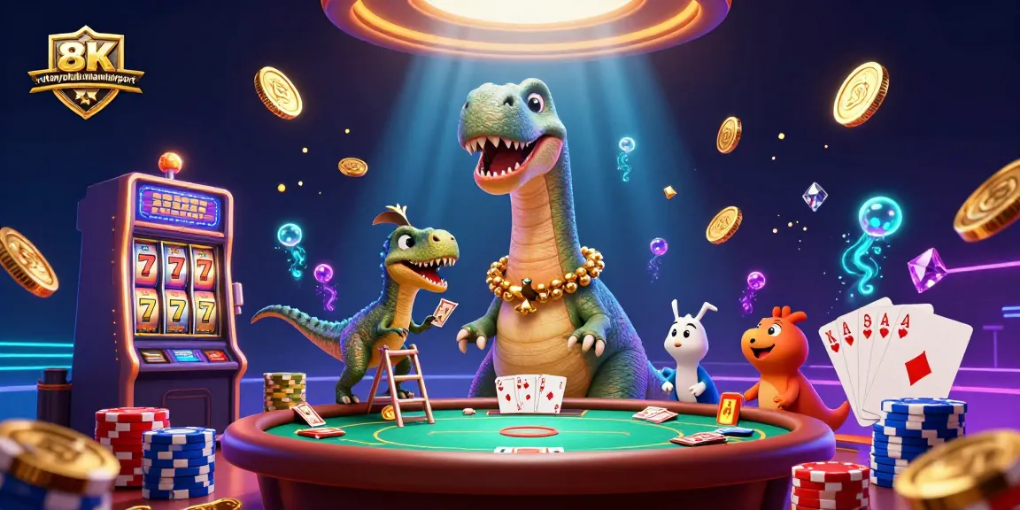 Experience rotaryclubmiamiairport’s lively casino scene, where a giant brontosaurus watches a clever raptor deal cards.