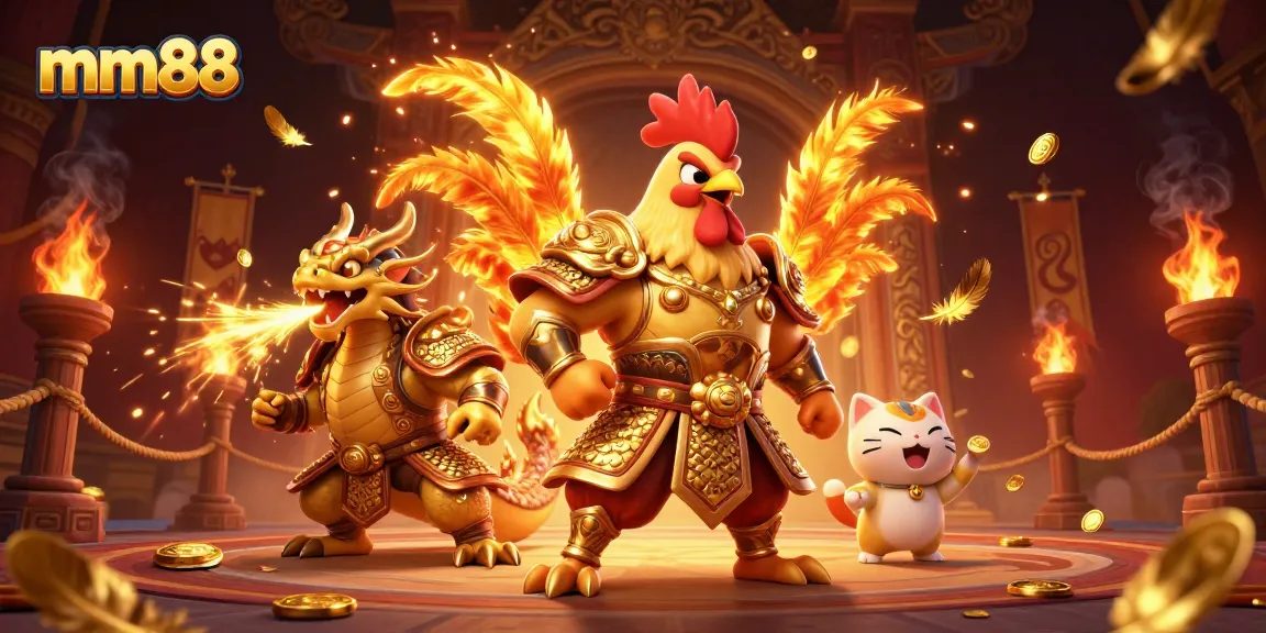 Experience thrilling adventures at mm88 with a powerful fighting rooster and dragon in an electrifying casino scene.
