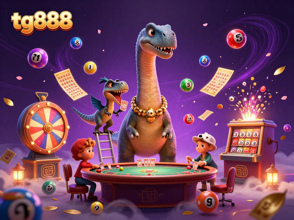 Experience the thrill of tg888 casino with lively characters engaging in poker amidst colorful lottery balls.