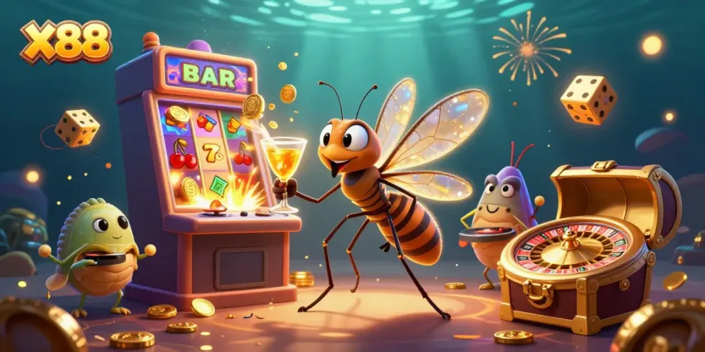 Experience the vibrant excitement of X88 with a 3D casino mascot, jackpot slot, and a lively casino atmosphere.