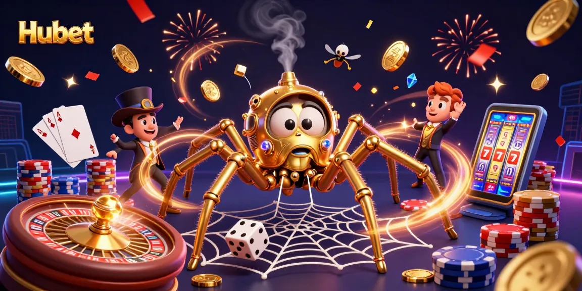 Catch thrilling wins at Hubet with our 3D casino illustration featuring a golden spider web and poker elements.