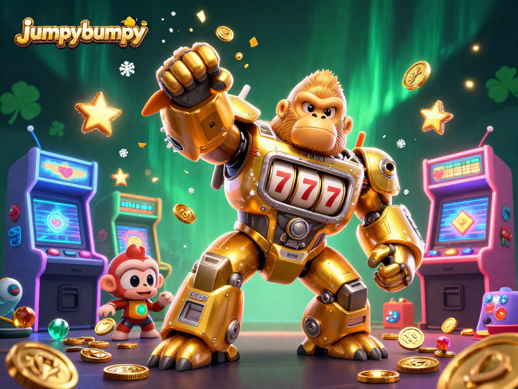 Experience the thrilling jumpybumpy action in a dynamic 3D casino gaming scene with a golden gorilla mech and arcade elements.