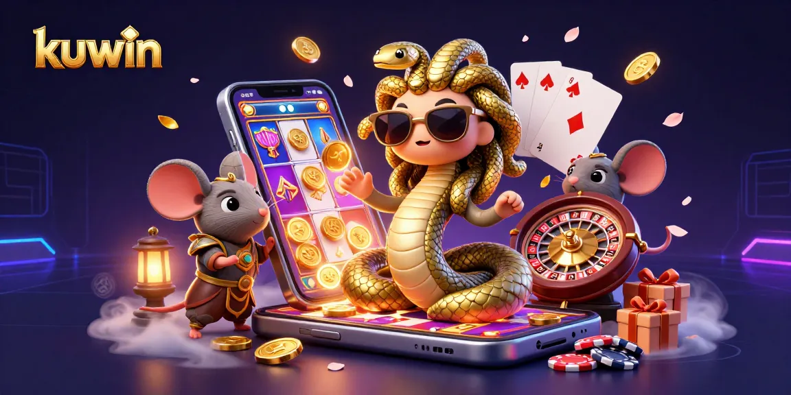 Experience the excitement of kuwin as golden coins and poker chips surround Medusa and a warrior mouse in this vibrant casino scene.