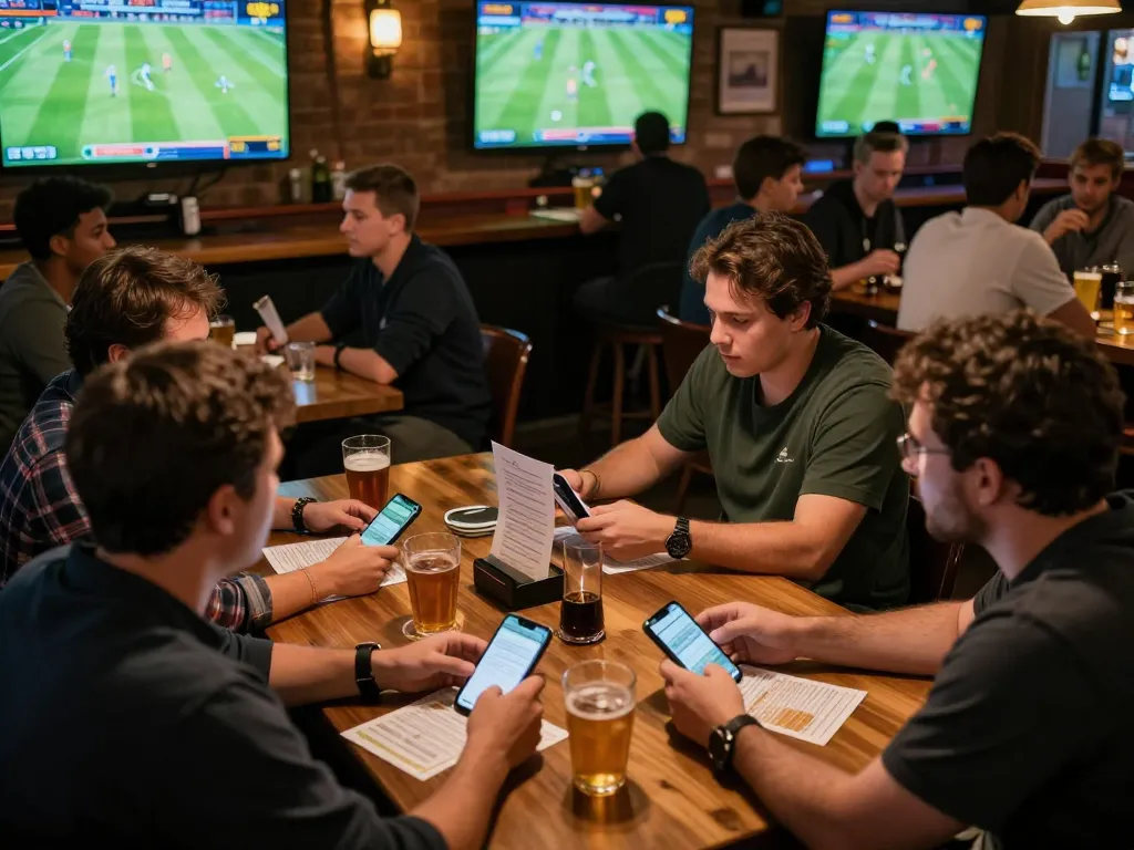 Socolive link used by enthusiastic sports bettors during an exciting match in a lively bar.