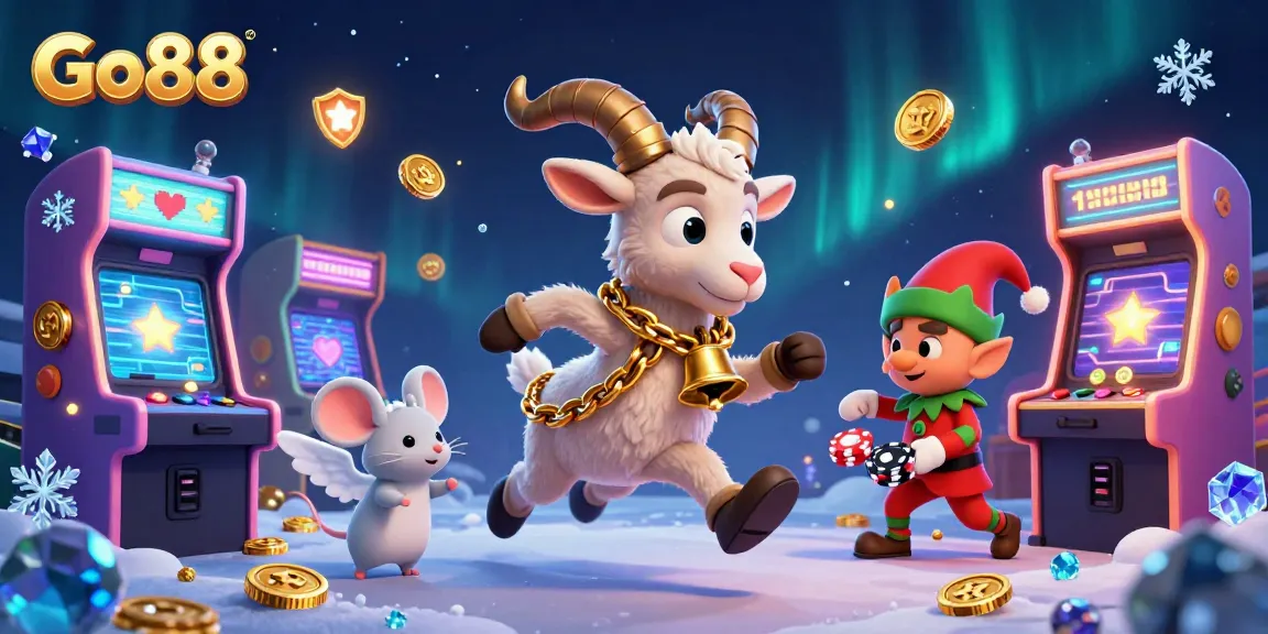 Experience Go88's festive gaming chaos with Krampus, an angel mouse, and mischievous gremlins stealing chips.