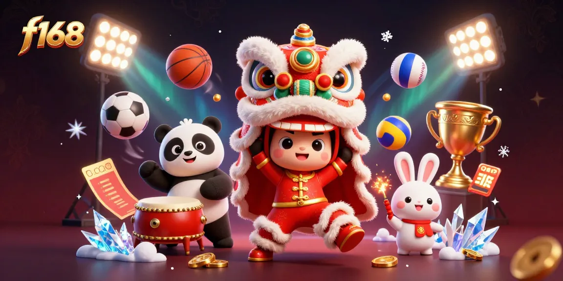 Experience thrilling wins at F168 with a vibrant lion dance surrounded by dynamic sports elements.
