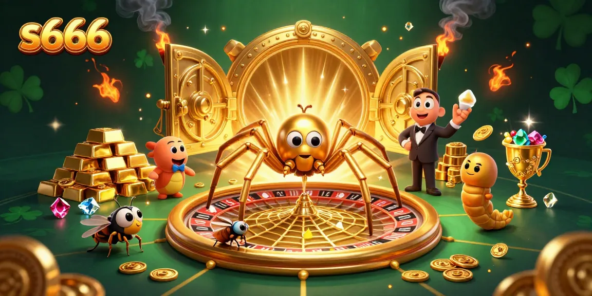 S666 spins a golden roulette wheel while a nervous fly bets in this vibrant casino scene.