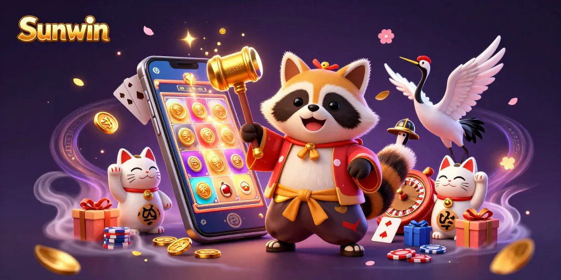 Sunwin offers vibrant casino experience with cartoon tanuki, crane, and lucky maneki-neko.