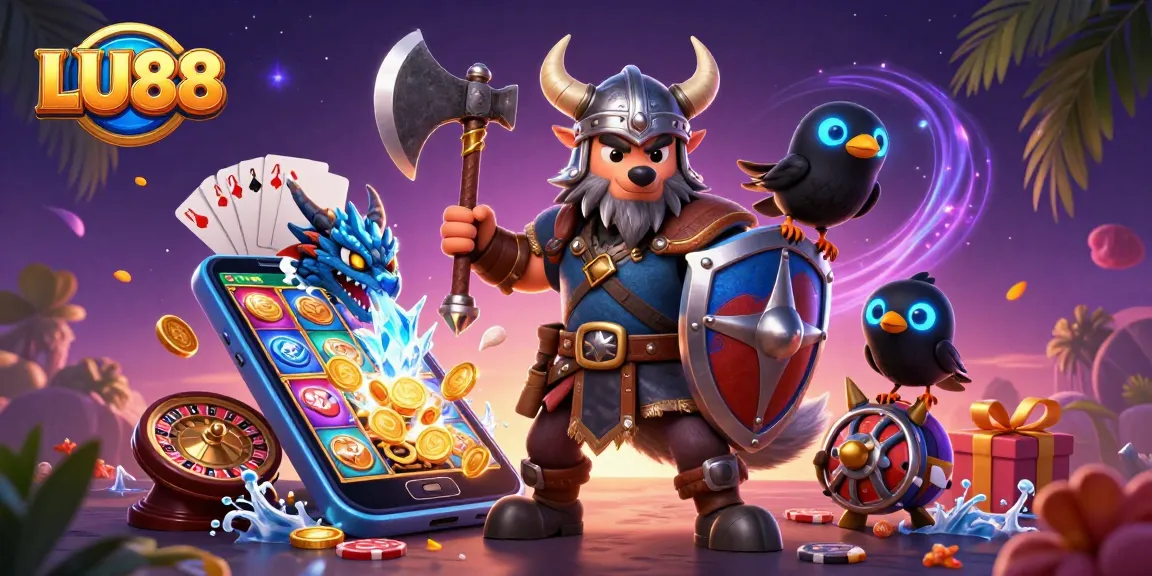 Engage in thrilling gambling experiences with LU88, showcasing a dynamic 3D cartoon scene of gaming excitement.