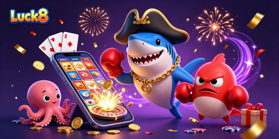 Experience the thrill of Luck8 with a vibrant casino scene featuring fun characters and exciting game elements.