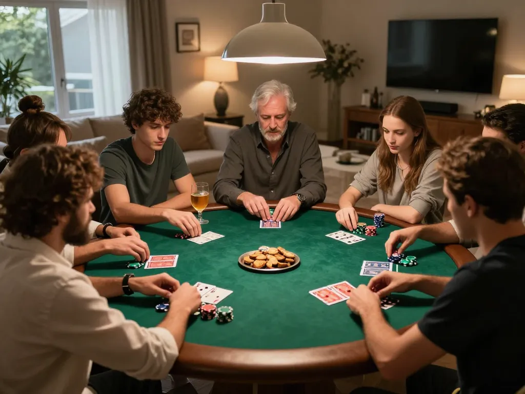 Players enjoy poker night at home with sunwingo-themed décor and lively atmosphere.