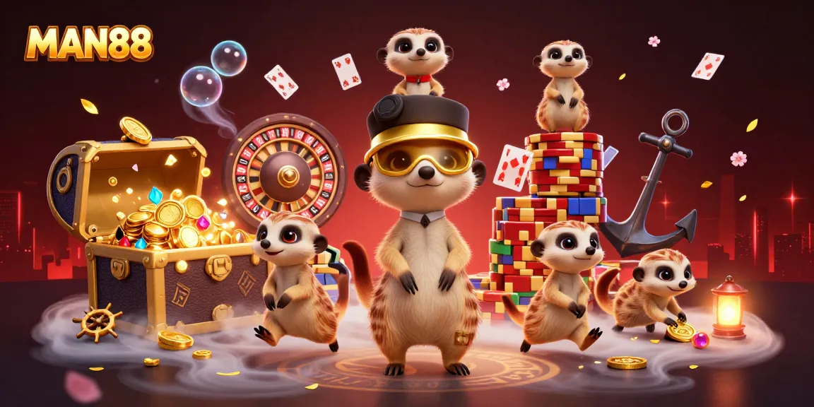 MAN88's lively meerkat casino scene featuring dynamic dealers and vibrant game elements