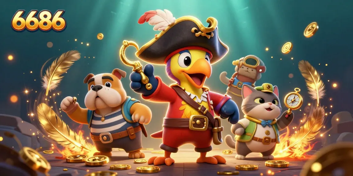 Engage in thrilling gambling at 6686 with adventurous characters amidst golden tokens and fiery effects