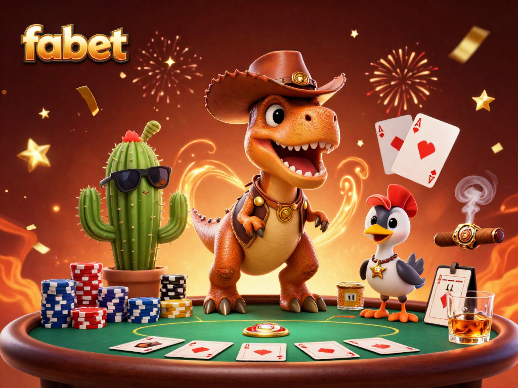 Engage in thrilling poker action with fabet, featuring a cowboy T-Rex and friends!