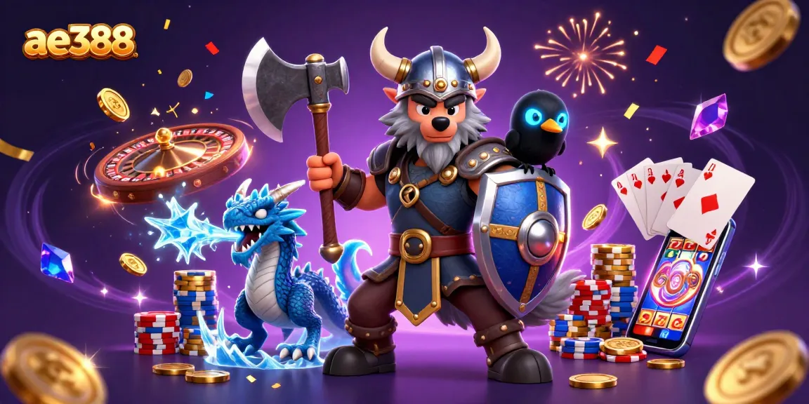 Spin to win at ae388 with a Viking warrior, a dragon, and vibrant casino elements.