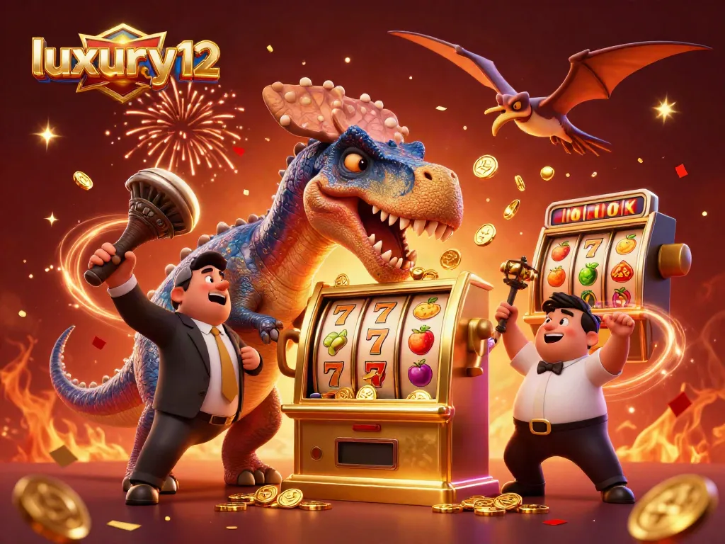 Experience the excitement of luxury12 with a pachycephalosaurus hitting a jackpot slot, surrounded by vibrant coins.