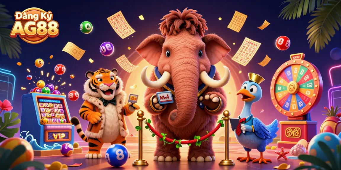 Engage in thrilling casino fun with Đăng Ký AG88 as a vibrant bouncer and VIP mouse interact amidst colorful lottery elements.