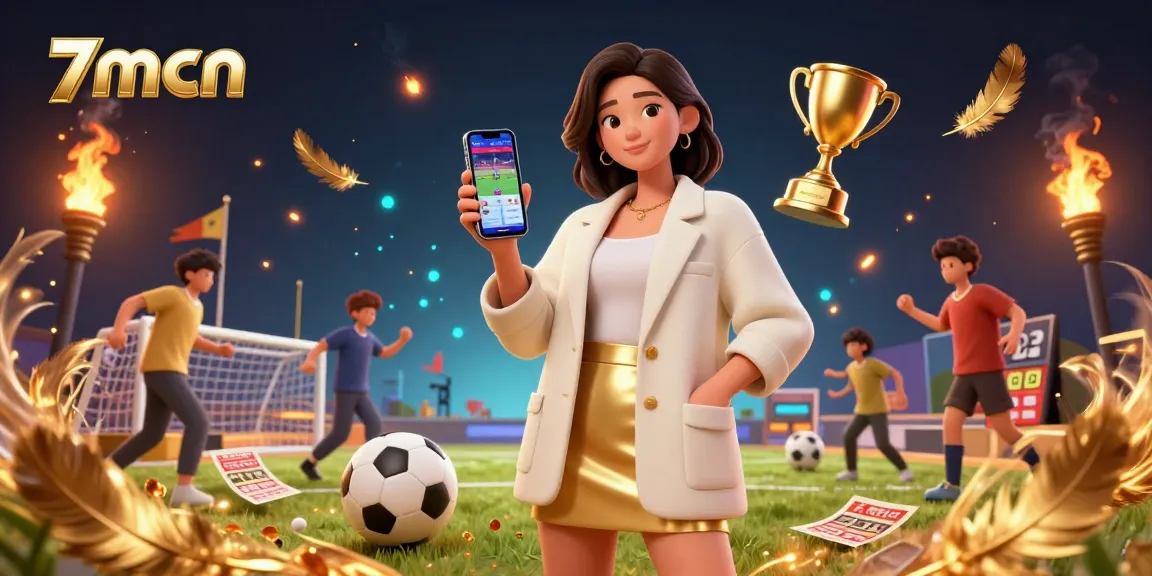 Engage with 7mcn on sports betting, featuring a woman using a betting app amid dynamic elements.