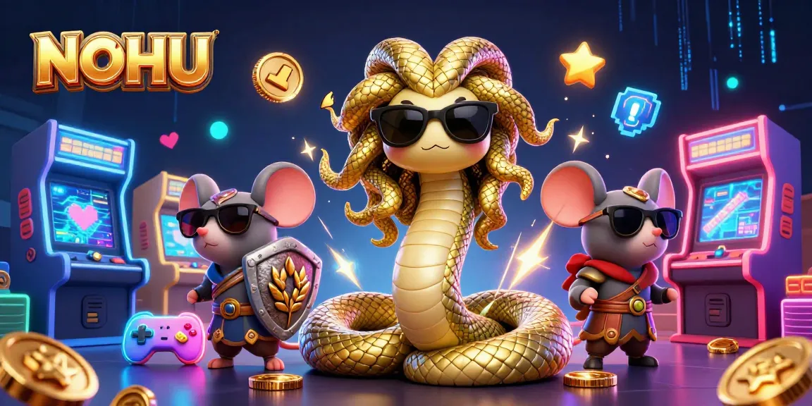 NOHU showcases a vibrant, interactive casino scene with mythical characters and arcade elements.