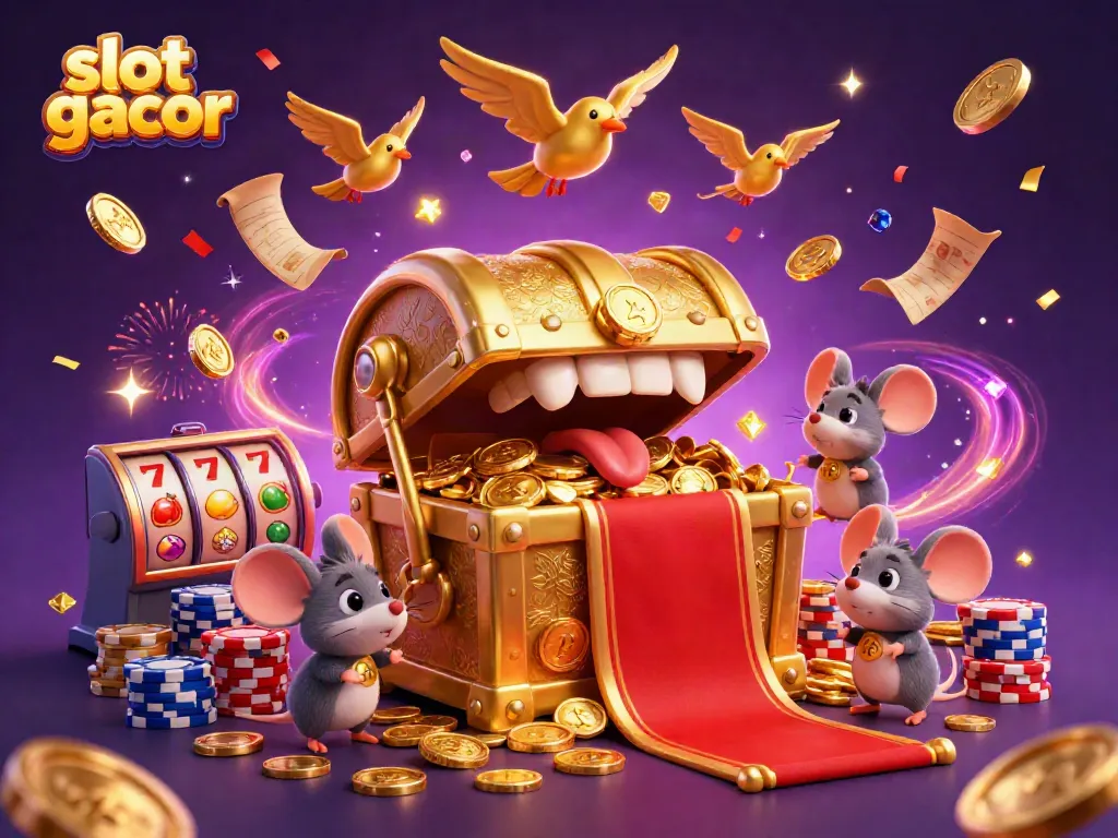 Engage in slot gacor excitement with a lively 3D scene filled with treasure and gameplay elements.