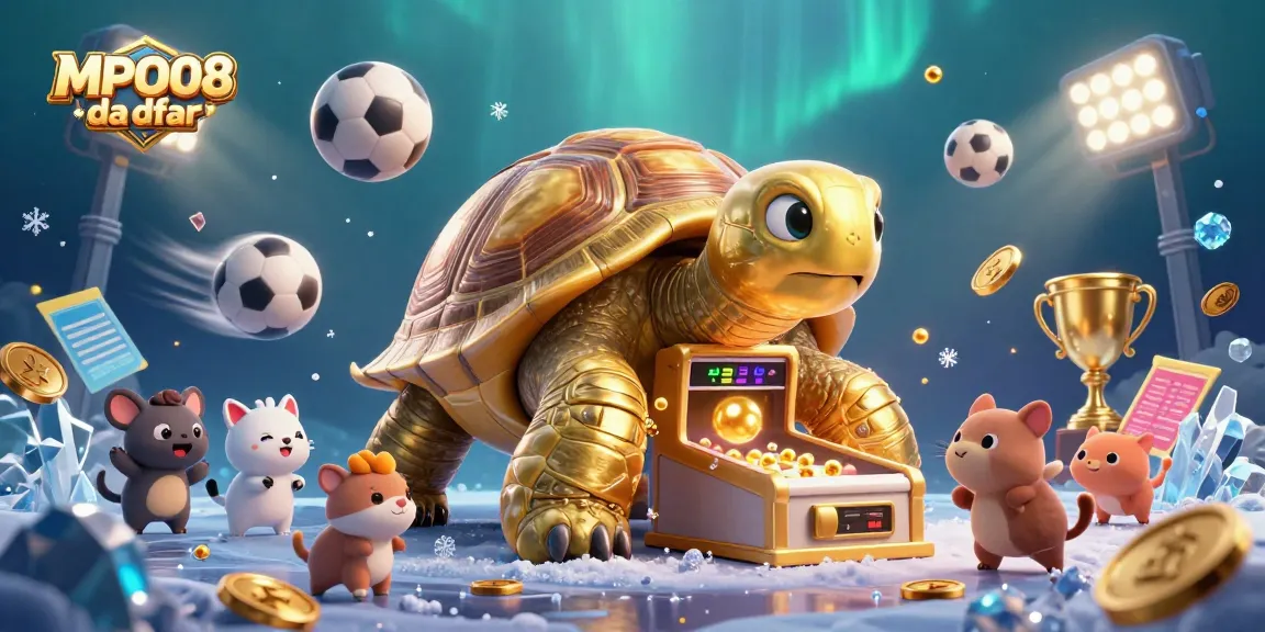 MPO08 daftar showcases a lively 3D illustration with a colossal golden tortoise in a casino, bringing excitement and winning opportunities.