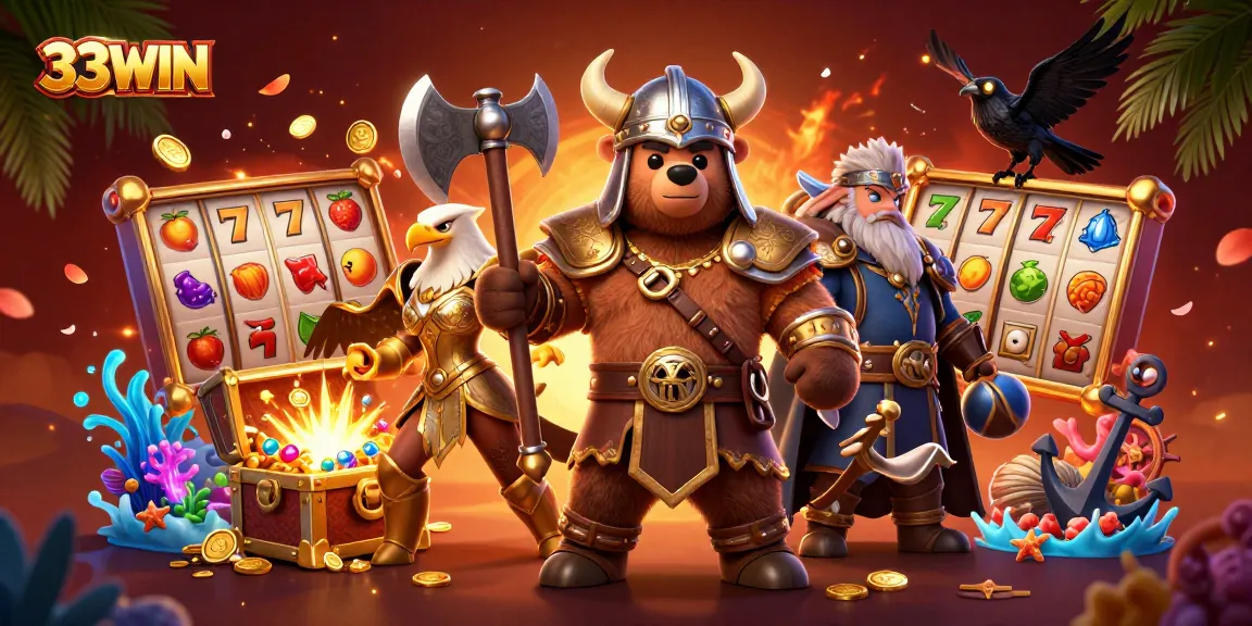 Experience thrilling gameplay with 33WIN's vibrant casino scene featuring exciting slot reels and dynamic characters.