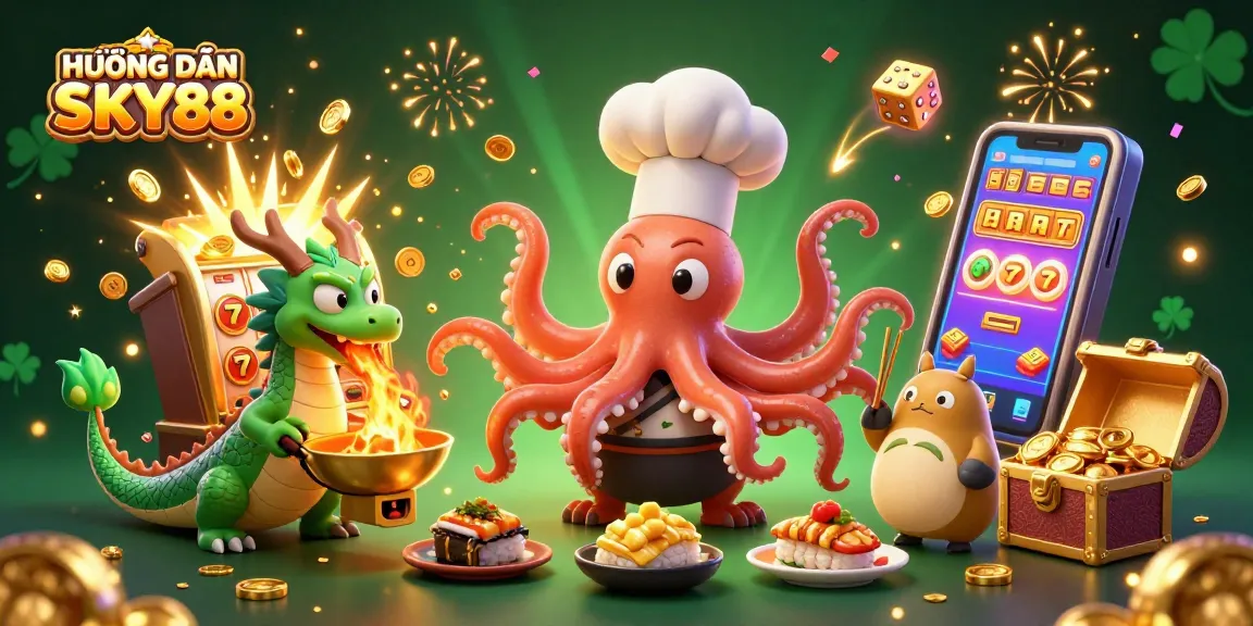 Experience the excitement of winning with the HƯỚNG DẪN SKY88 illustrated scene featuring a chef octopus, dragon, and jackpot action.