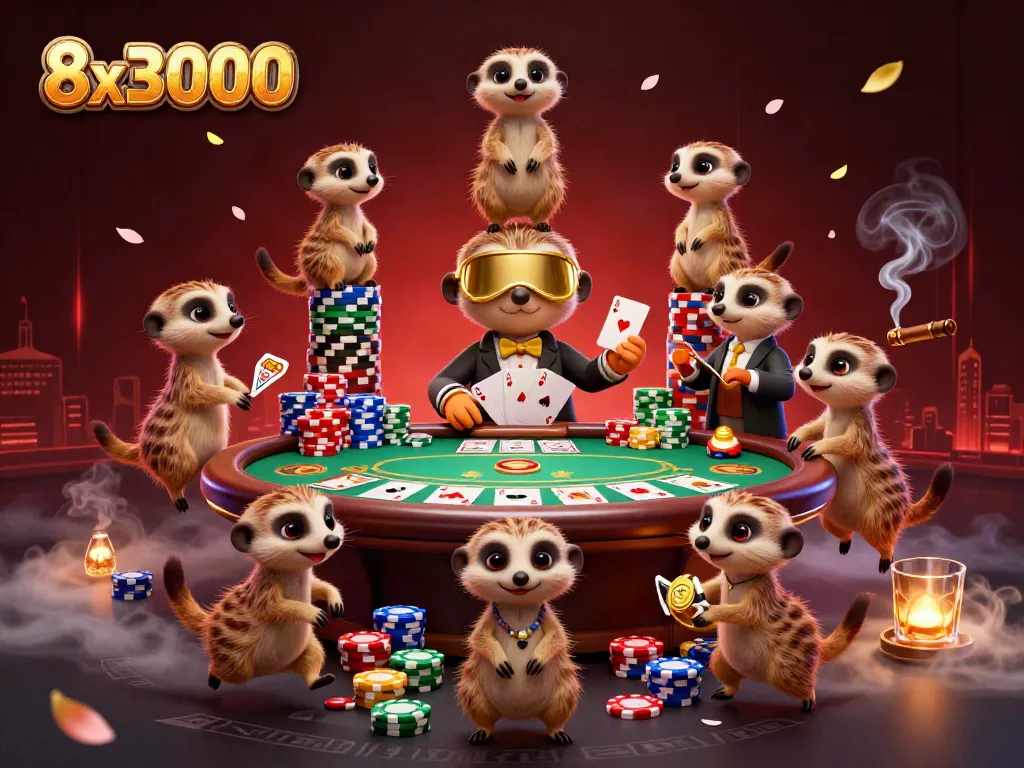 Immerse in the lively casino world of 8x3000 with meerkats celebrating wins and managing a vibrant poker game.