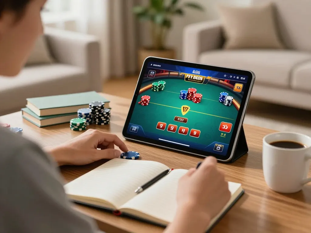 Player engages in online gambling on hwg500, surrounded by strategy notes and warm home decor.
