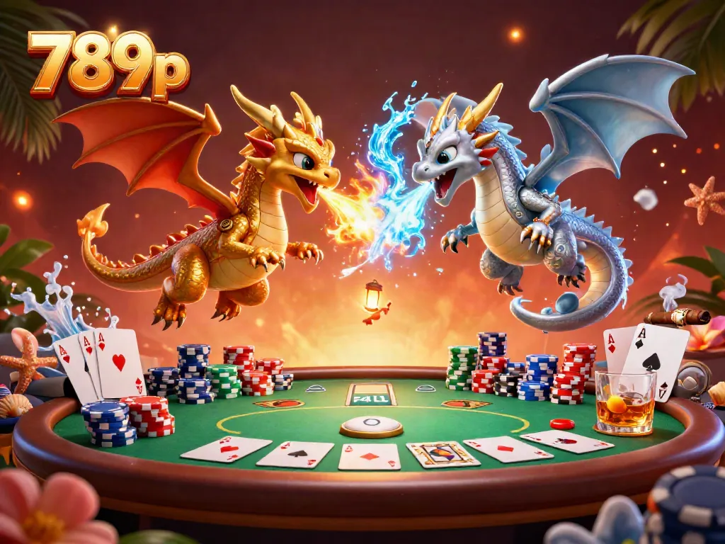Experience the thrill at 789p with fire and ice dragons amidst a lively poker scene.