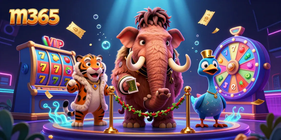 Experience the m365 casino with our vibrant cartoon scene, featuring a mammoth bouncer and a saber-tooth guest!